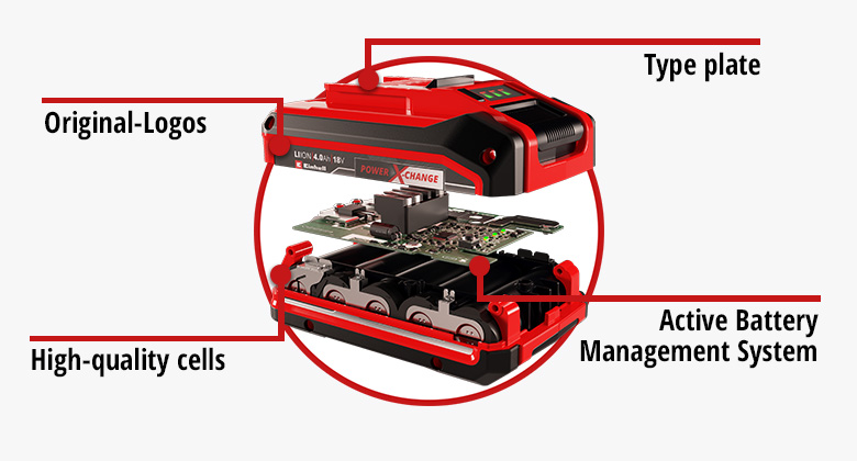 vista explotada de una batería Einhell Power X-Change con descripciones