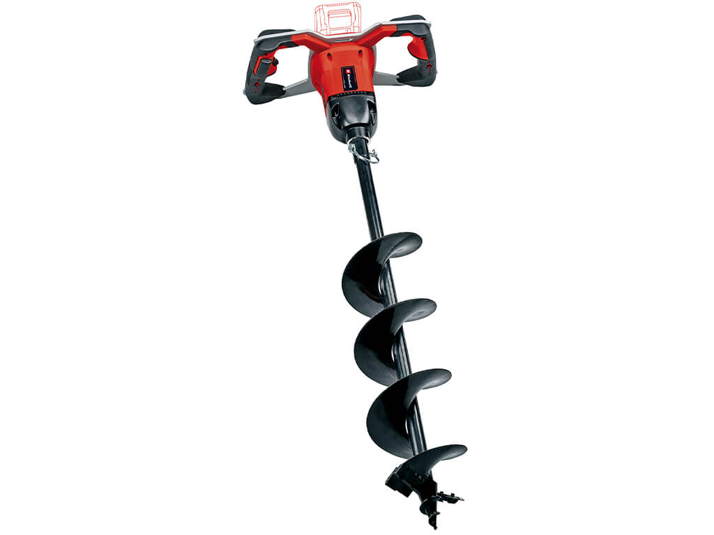 The Einhell cordless earth auger with 80 cm earth drill attachment and without battery.